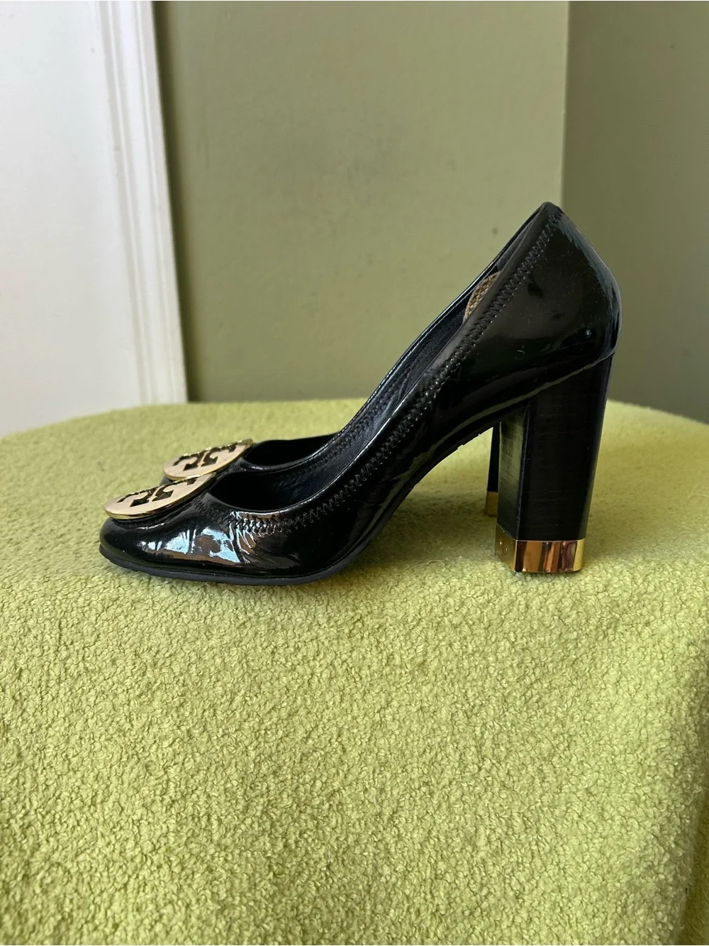 Tory Burch Black Patent Leather Block Heel Pumps with Gold Logo Accent